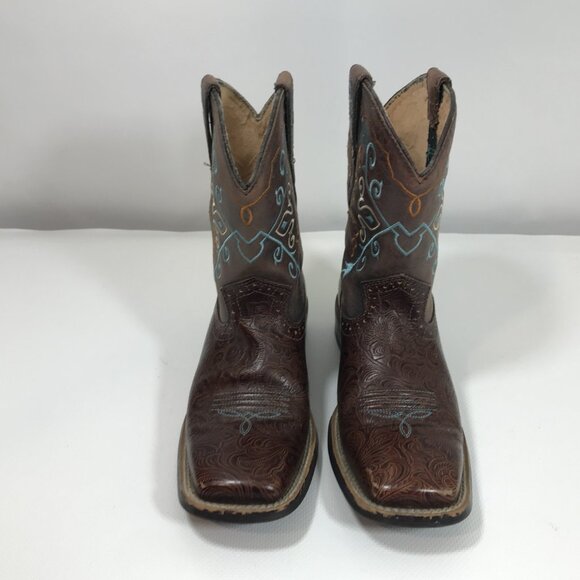 Ariat Boots Women 8 Fatbaby Brown Teal Embroidered Floral Square Toe Western - Picture 3 of 14